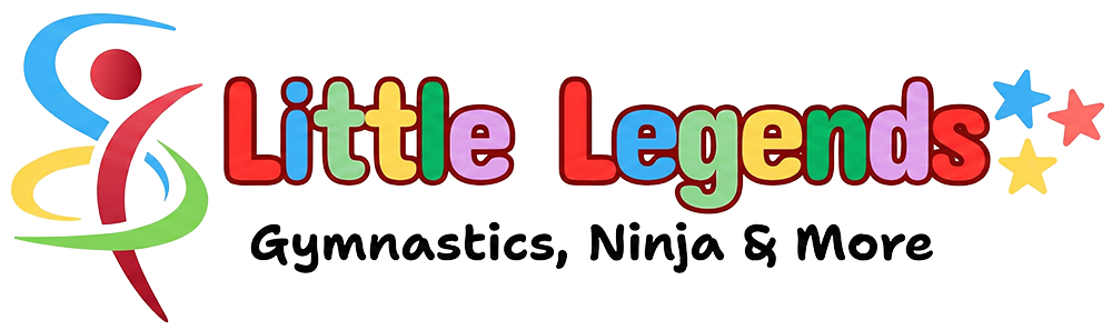 Logo for Little Legends: colorful text, gymnast figure, stars. Offers gymnastics, ninja, and more activities.