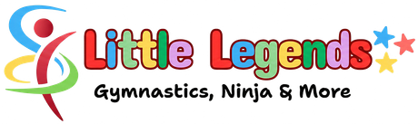 Logo for Little Legends: colorful text, gymnast figure, stars. Offers gymnastics, ninja, and more activities.