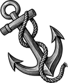 A black and white drawing of an anchor with a rope around it.