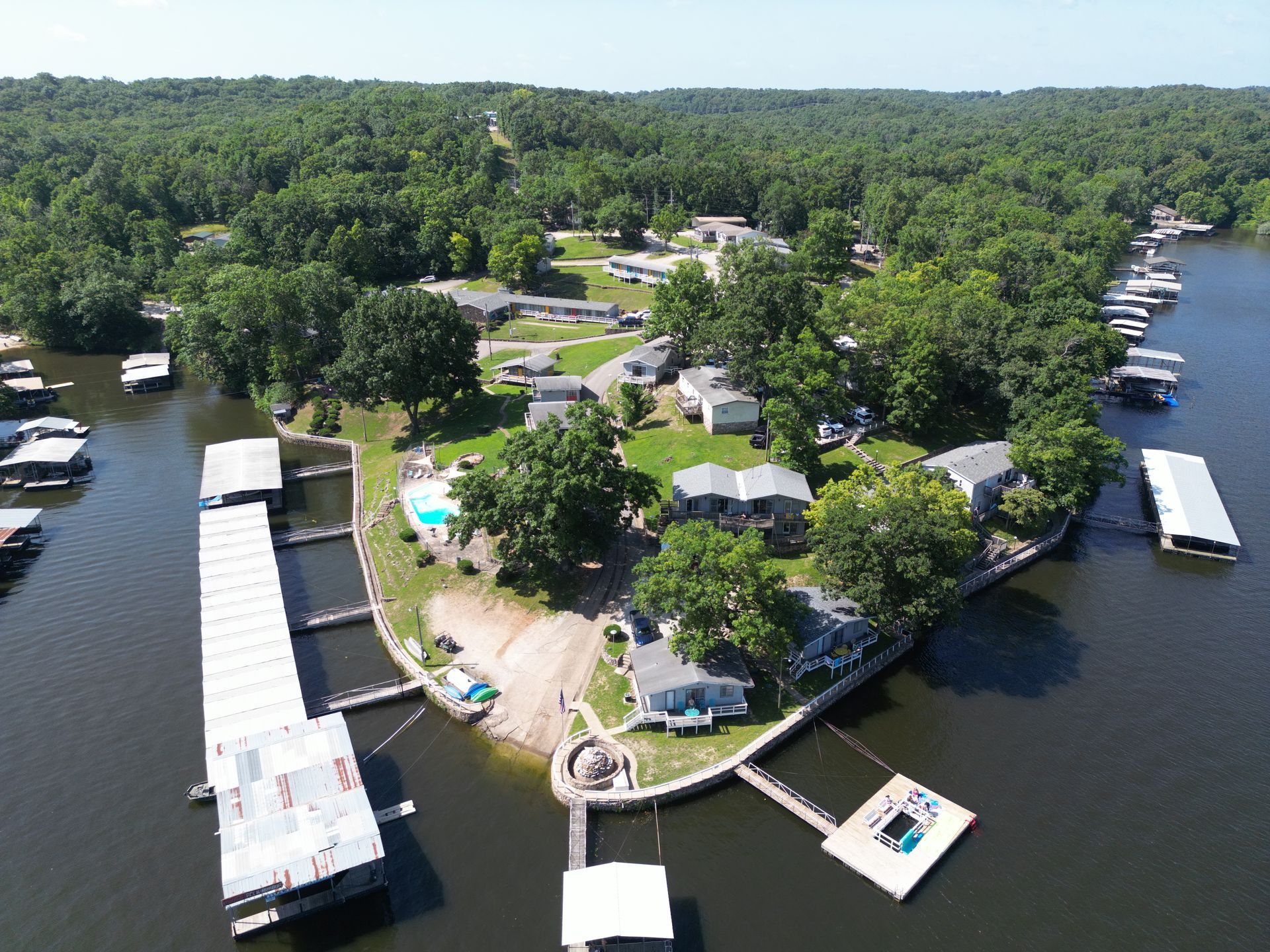 An aerial view of a small island in the middle of a lake