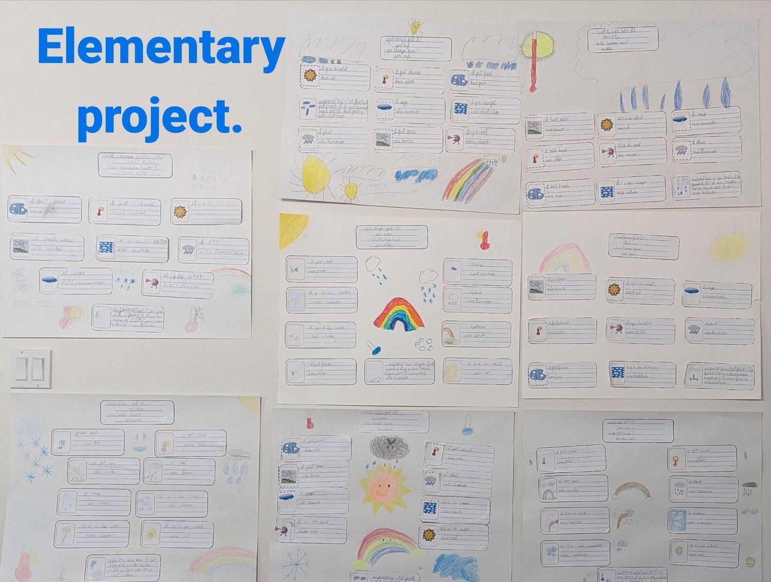 A bunch of papers on a wall with the words elementary project
