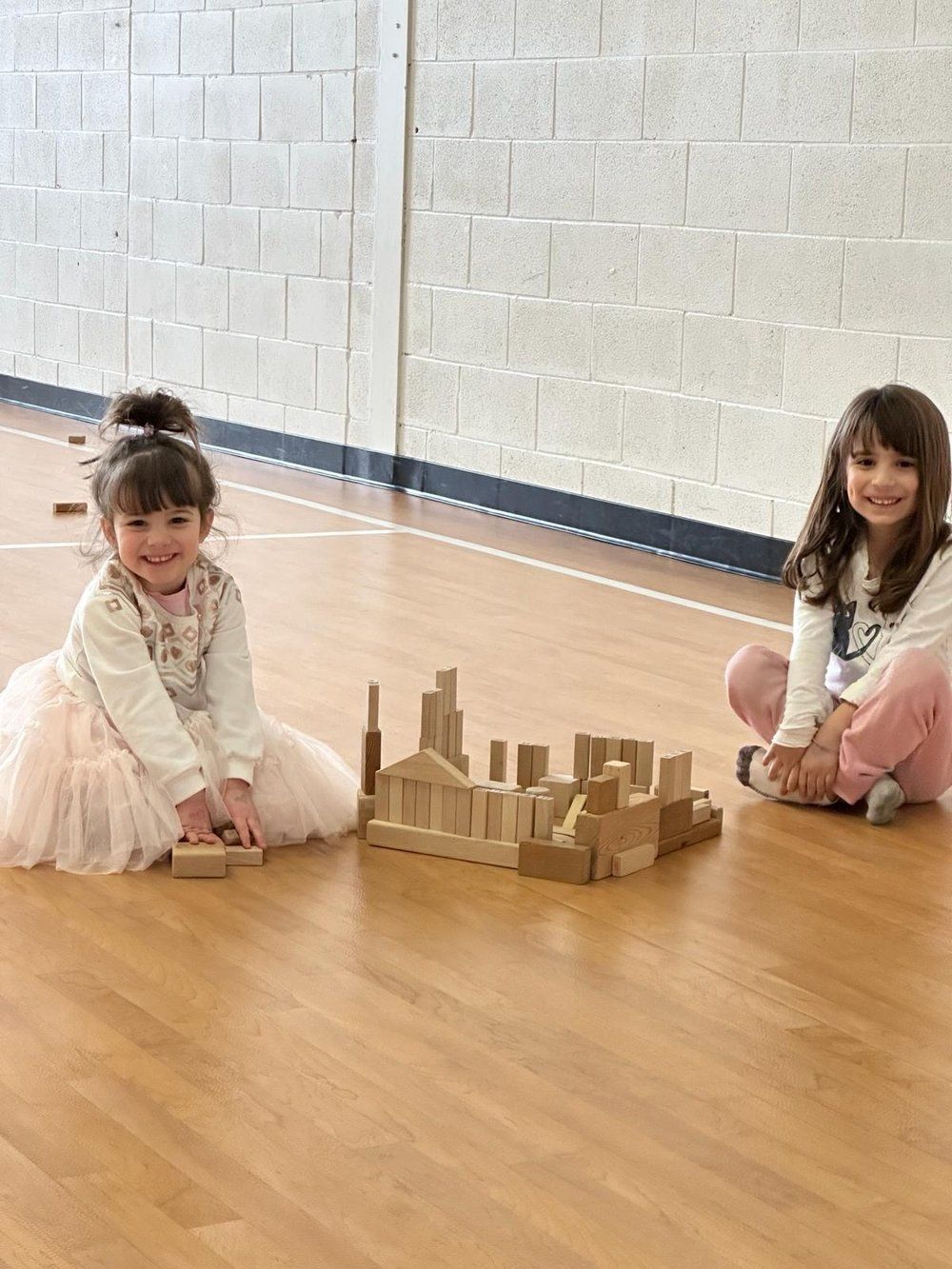 Two little girls are sitting on the floor playing with wooden blocks.