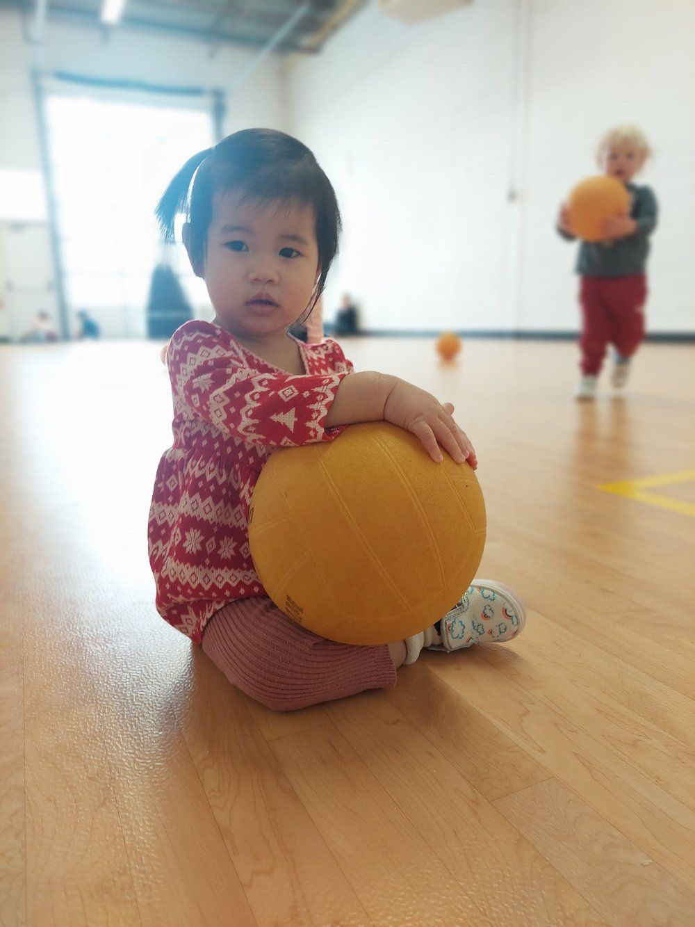 A baby is sitting on the floor holding a ball.