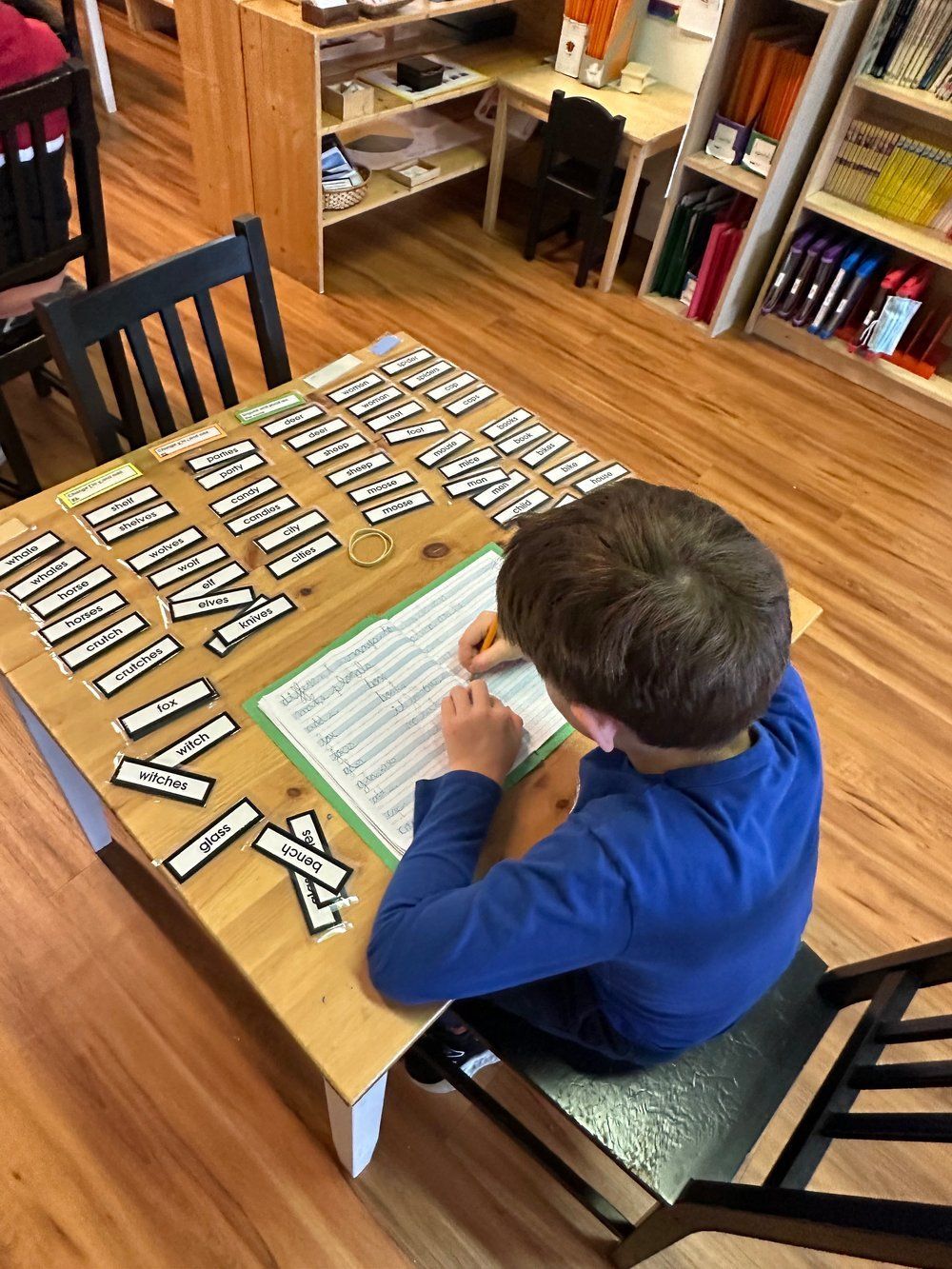 A young boy is sitting at a table with letters on it.