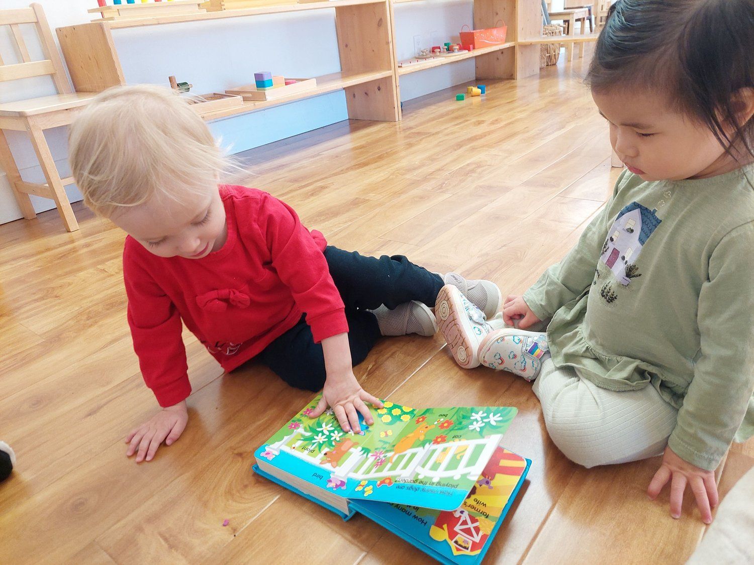 Two little girls are sitting on the floor reading a book.