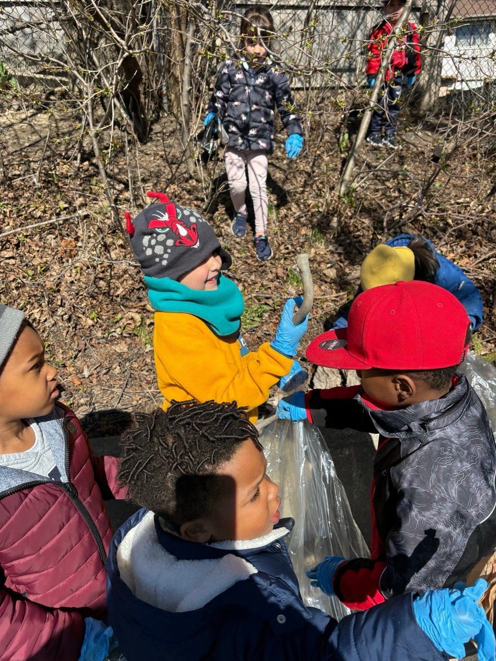 A group of young children are playing in the woods.