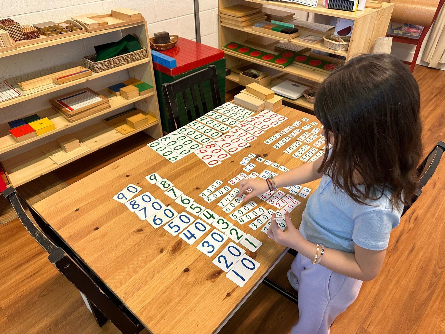 A little girl is sitting at a table with numbers on it.