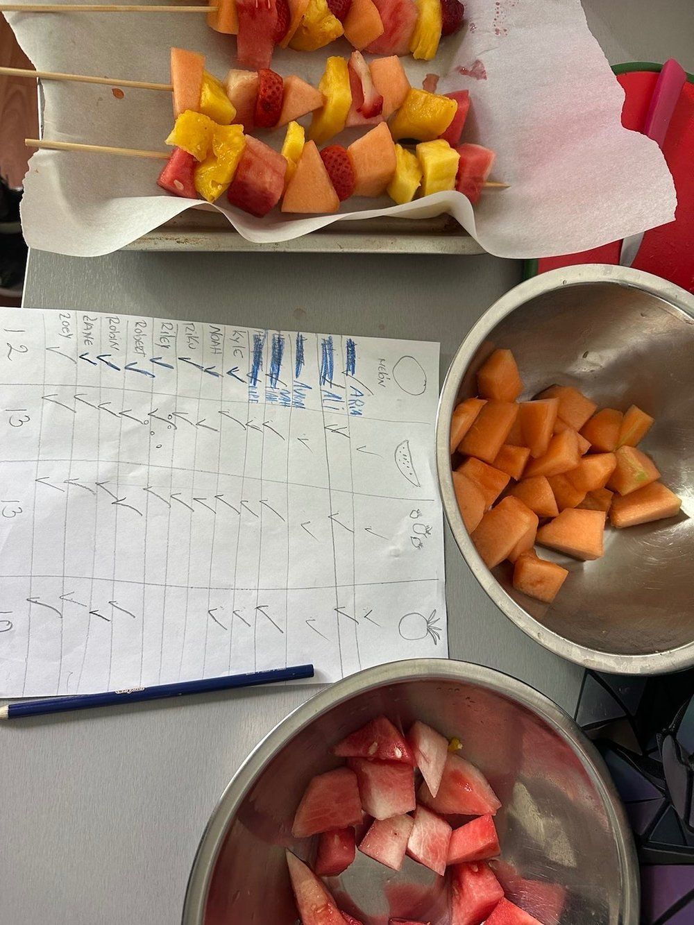 A plate of fruit skewers next to a bowl of fruit