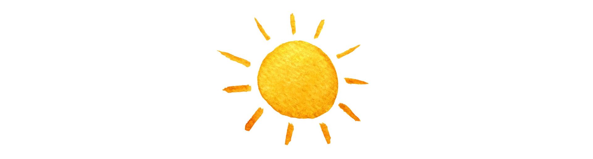 A drawing of a yellow sun with rays on a white background.