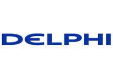 The delphi logo is blue and white on a white background.