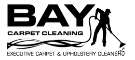 BAY Carpet Cleaning logo with black text and a silhouette of a cleaner holding a hose