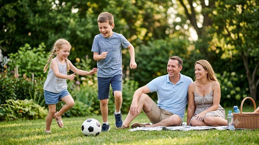 Family playing soccer and relaxing on a blanket in a sunny park