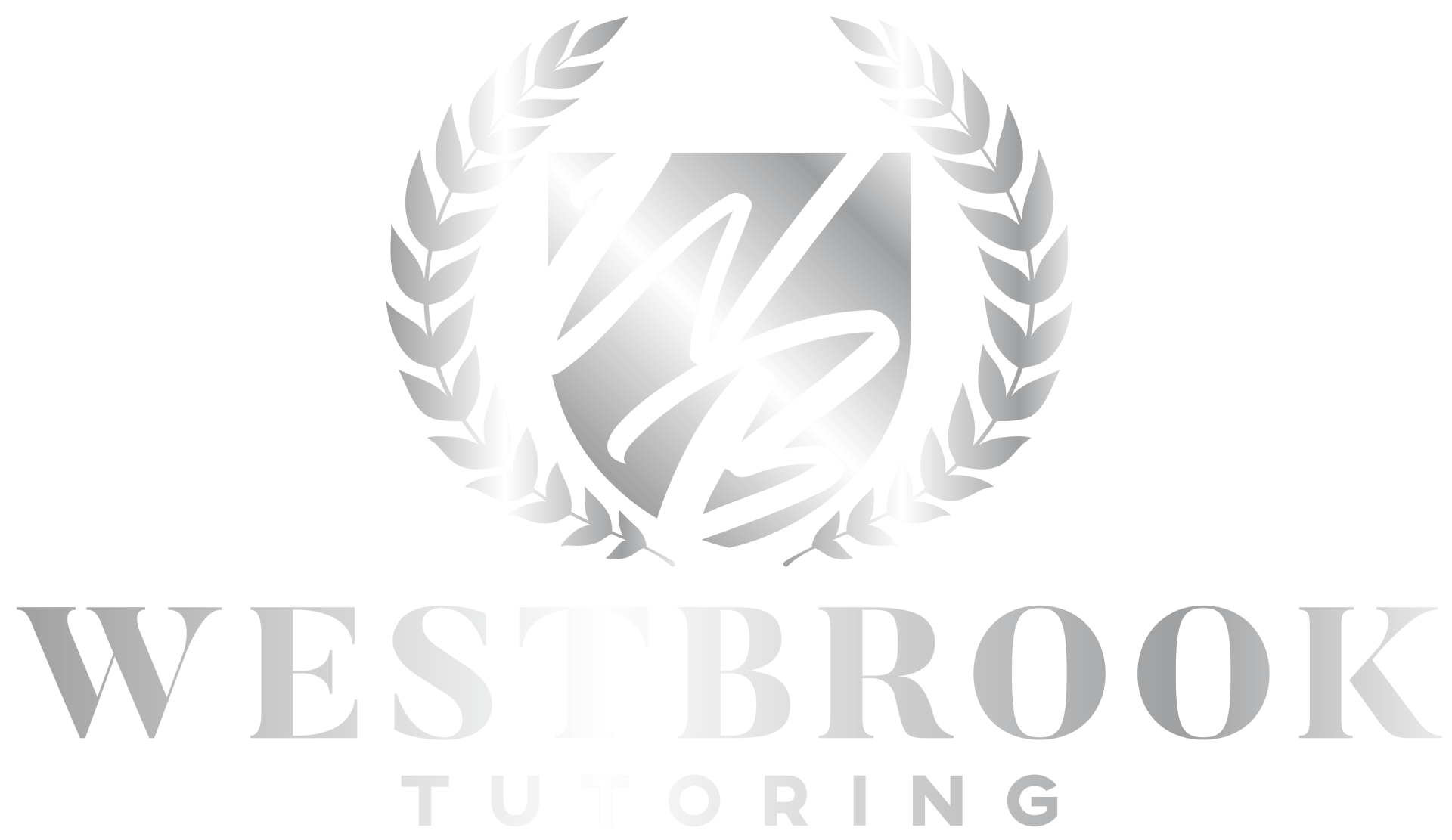 Silver Westbrook Tutoring logo with a laurel wreath and initials inside a shield.