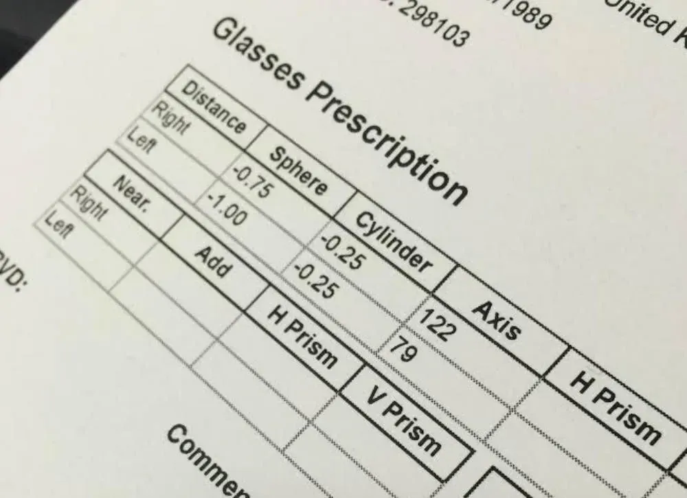 Eyeglasses prescription showing values for distance and near vision, sphere, cylinder, axis, and prisms.