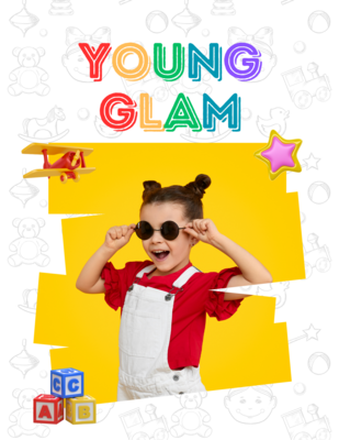 Young girl with sunglasses, red shirt, and overalls, striking a glamorous pose. Yellow background, colorful text.