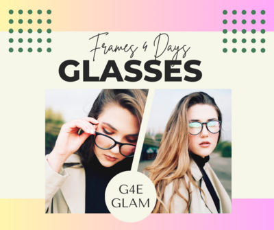 Advertisement for "Frames 4 Days Glasses" with two women wearing glasses. Soft pastel background and green polka-dot accents.
