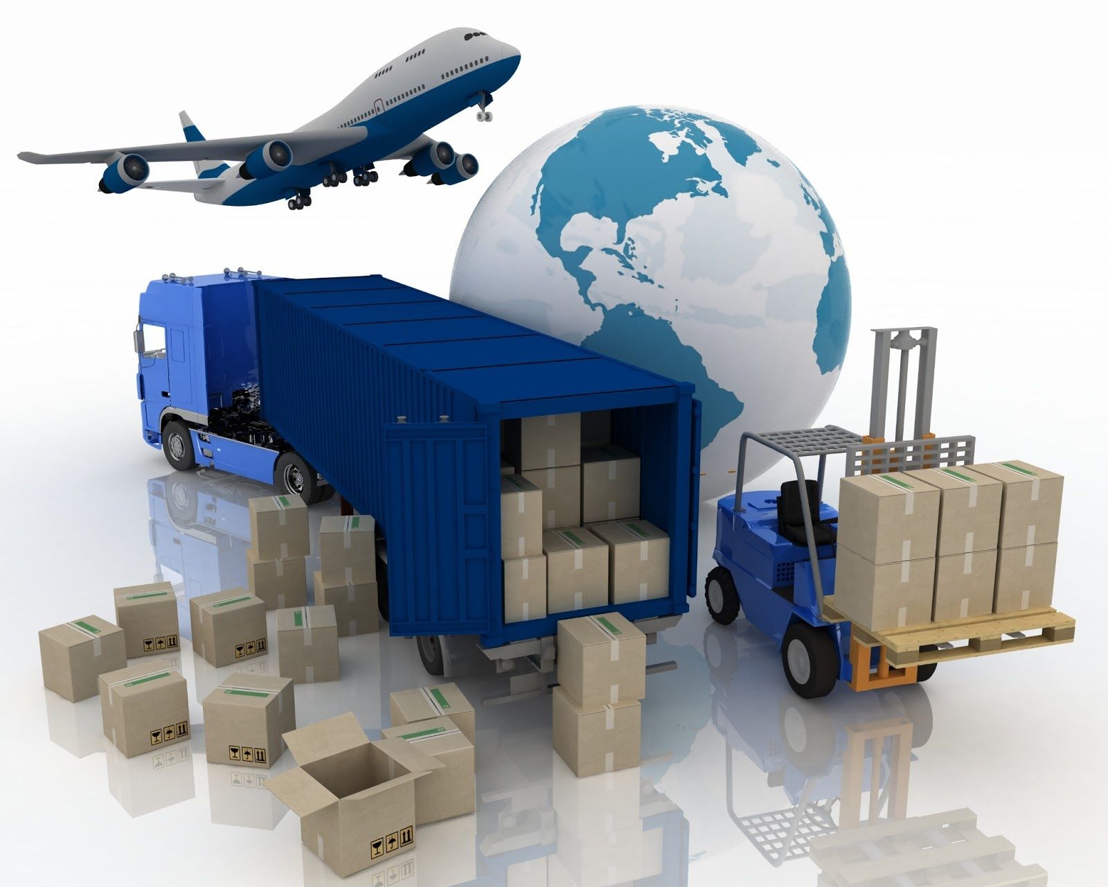 Global shipping and logistics: airplane, truck, forklift, and boxes near a globe.