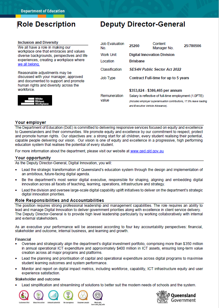 Role profile document: details for a Deputy Director General role, including location, reporting line, and key responsibilities for a community service.