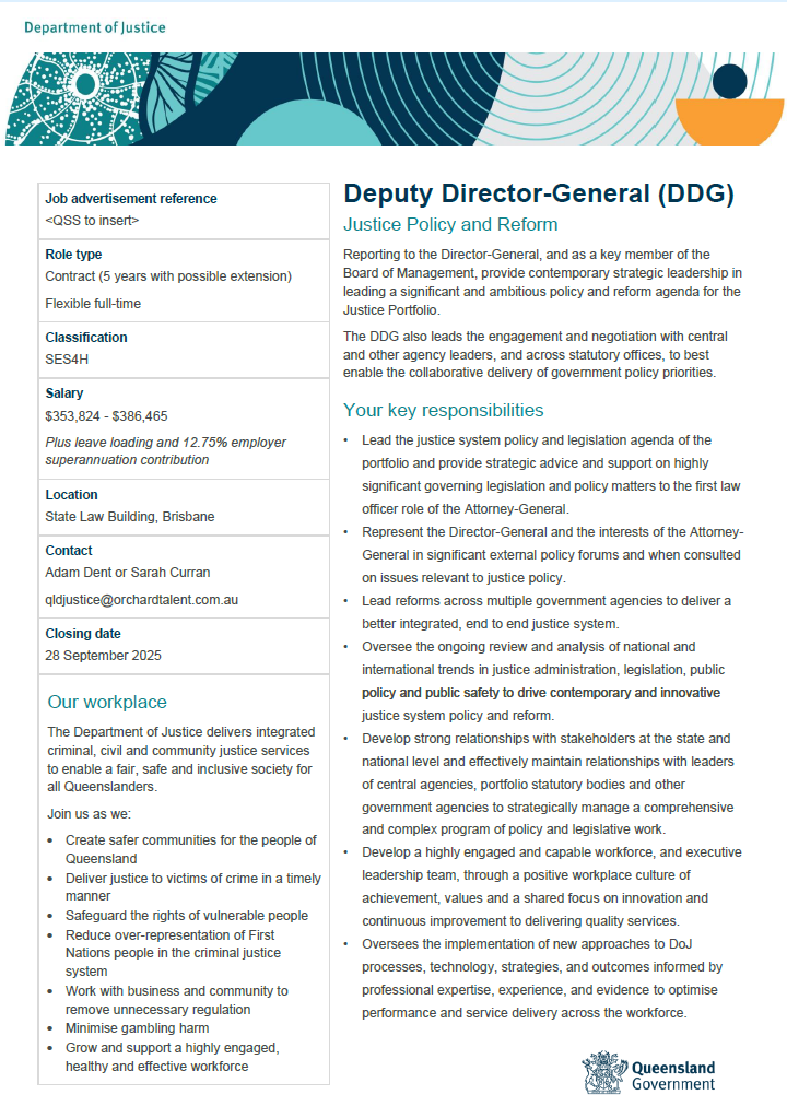 Role profile document: details for a Deputy Director General role, including location, reporting line, and key responsibilities for a community service.