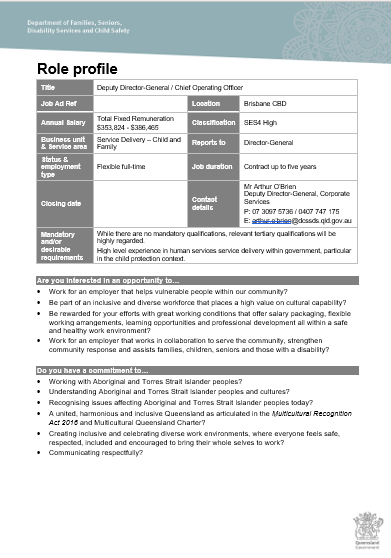 Role profile document: details for a Deputy Director General role, including location, reporting line, and key responsibilities for a community service.