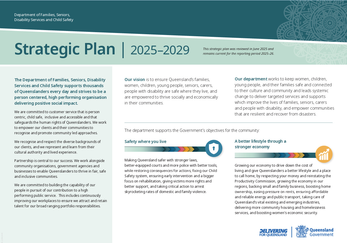 Strategic Plan 2025-2029 document with text, a blue and white color scheme, and two color-coded goal sections.