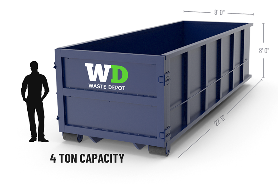 Blue Waste Depot dumpster next to a person silhouette; shows the dumpster's dimensions and 4-ton capacity.
