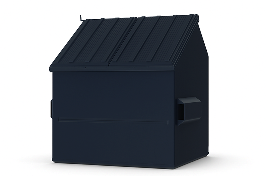 Dark blue commercial dumpster with angled lid, against a white background.