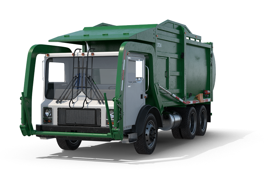 Green and white garbage truck on a white background.