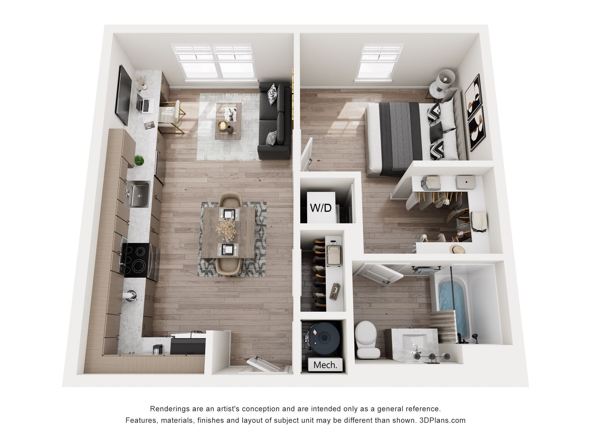 Floor plan of a one-bedroom apartment with kitchen, living area, bedroom, and bathroom.