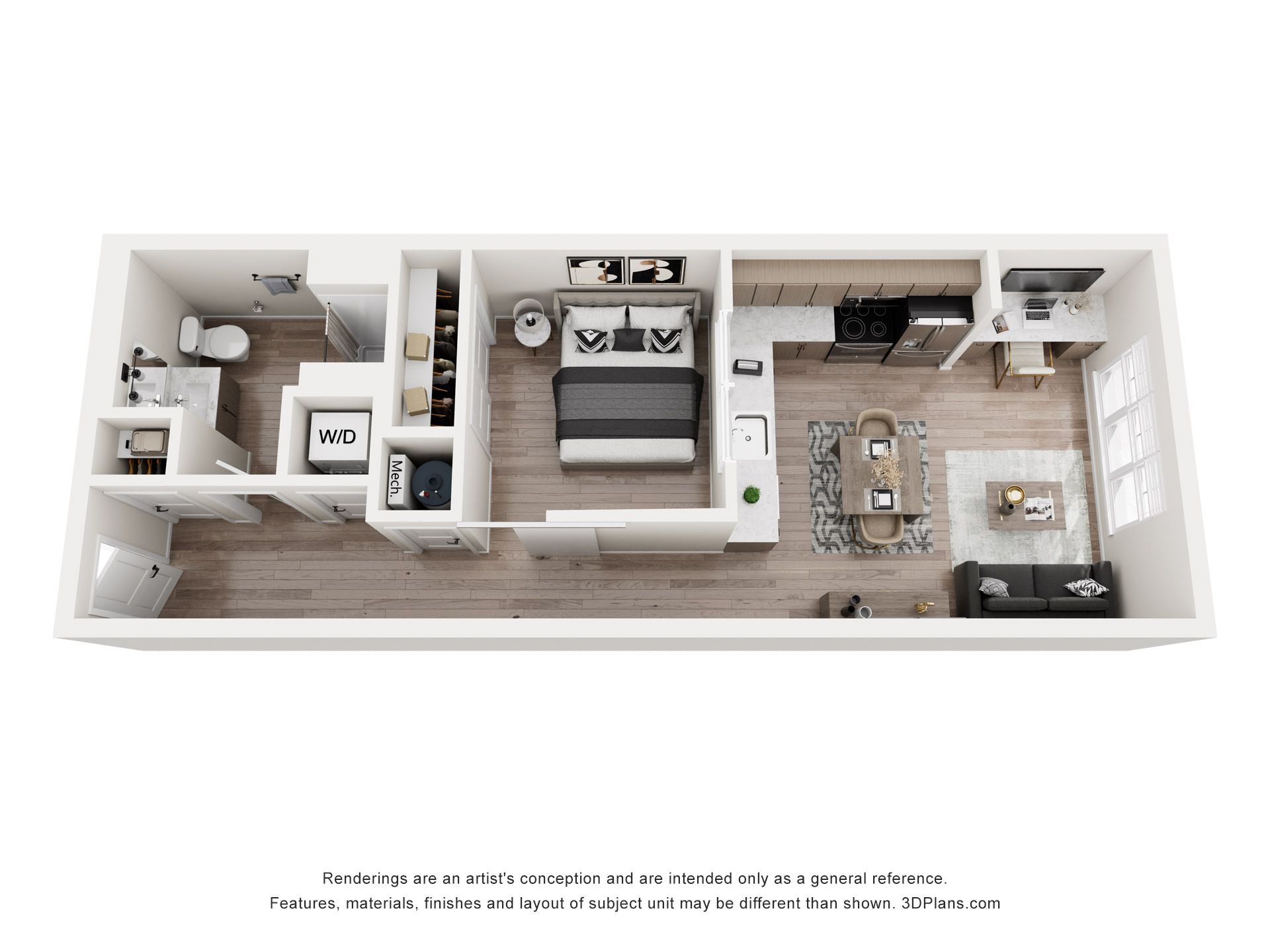 Floor plan of a studio apartment, featuring a bedroom, kitchen, living area, and bathroom.