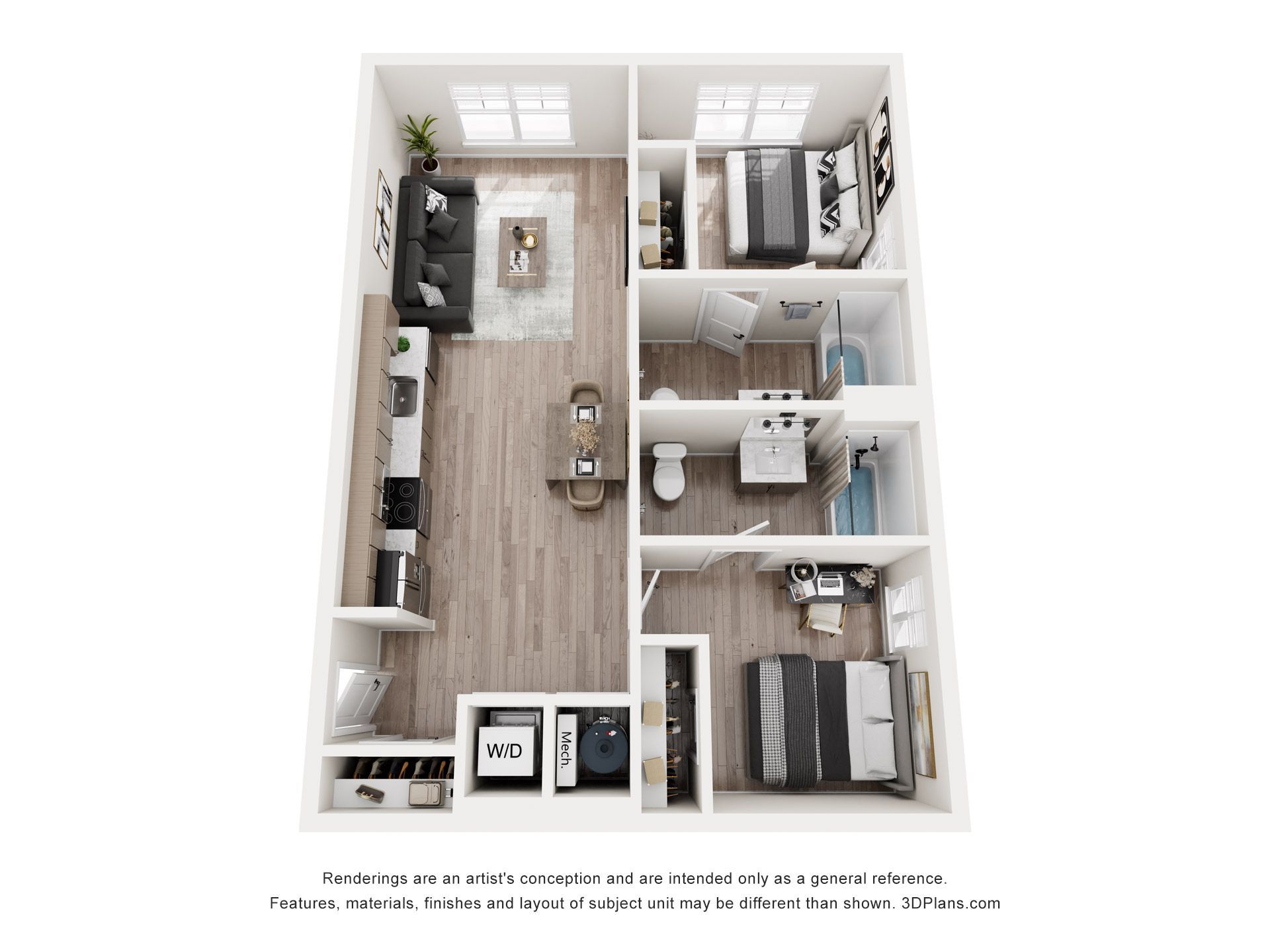 Floor plan of a two-bedroom apartment, with furniture and amenities shown in a top-down view.