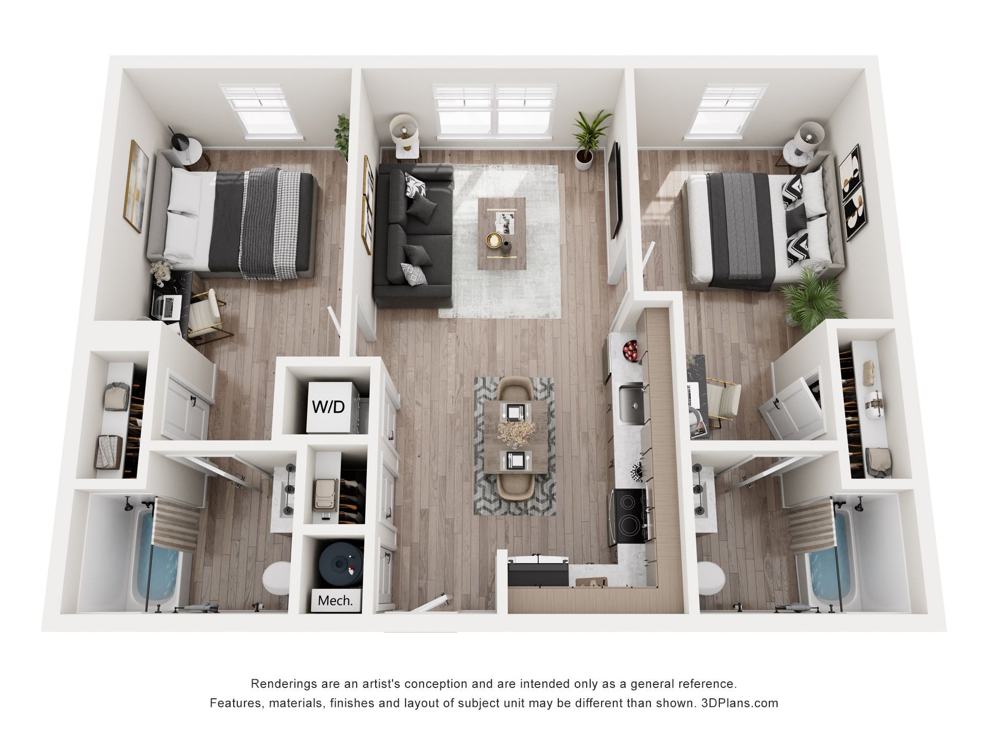 Floor plan of a two-bedroom apartment, furnished with living room, kitchen, and bathrooms.