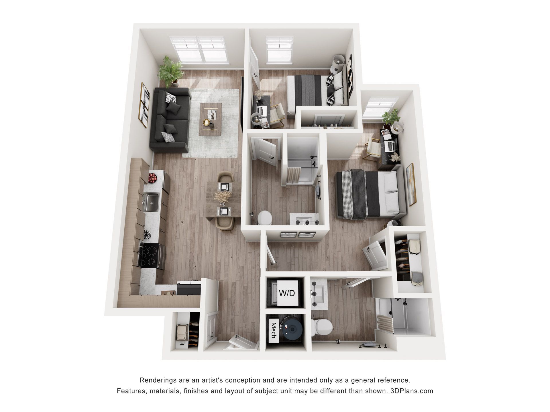 Floor plan of a two-bedroom apartment, rendered in light wood tones, with furnishings.