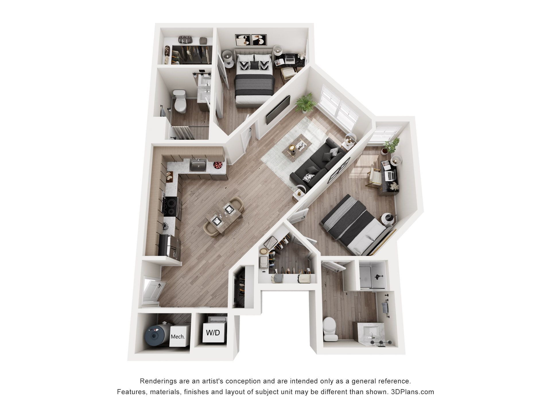 Floor plan of a two-bedroom apartment. Includes kitchen, living room, bedrooms, bathrooms, and laundry area.