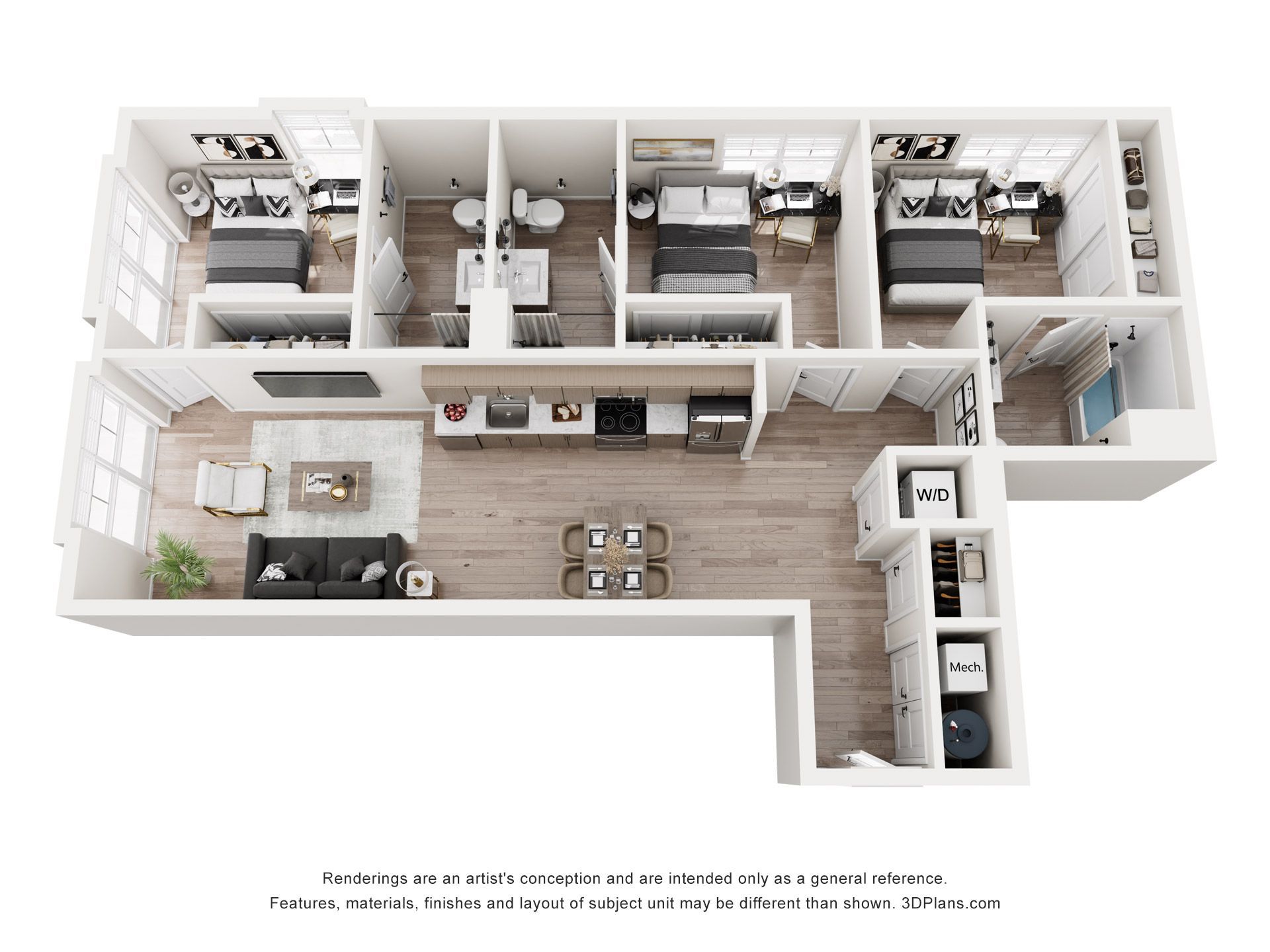 Floor plan: 3-bedroom apartment with kitchen, living area, dining area, and laundry. Rooms are white with light wood floors.