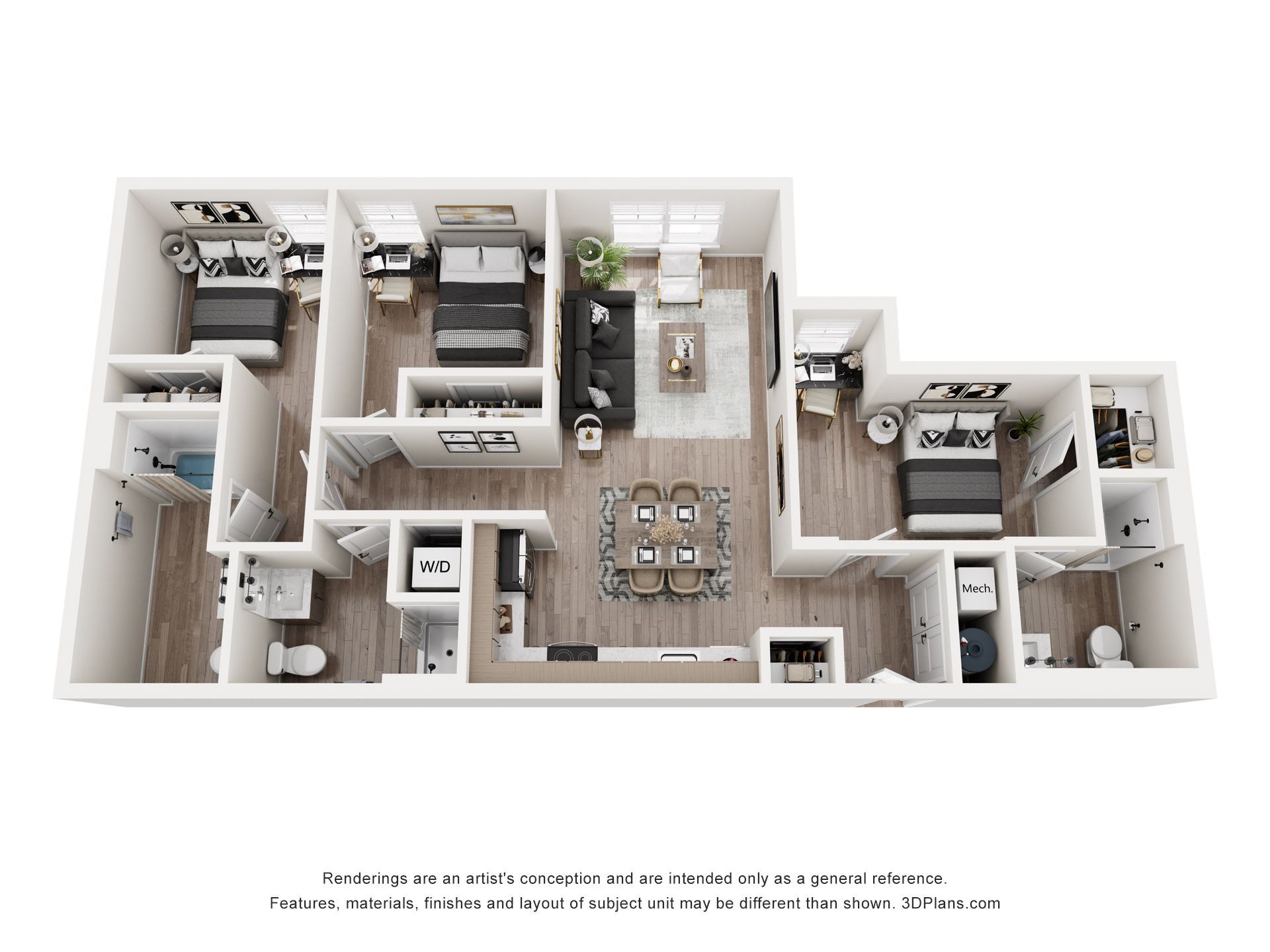 Floor plan of a three-bedroom apartment, showing layout of rooms, furniture, and fixtures.