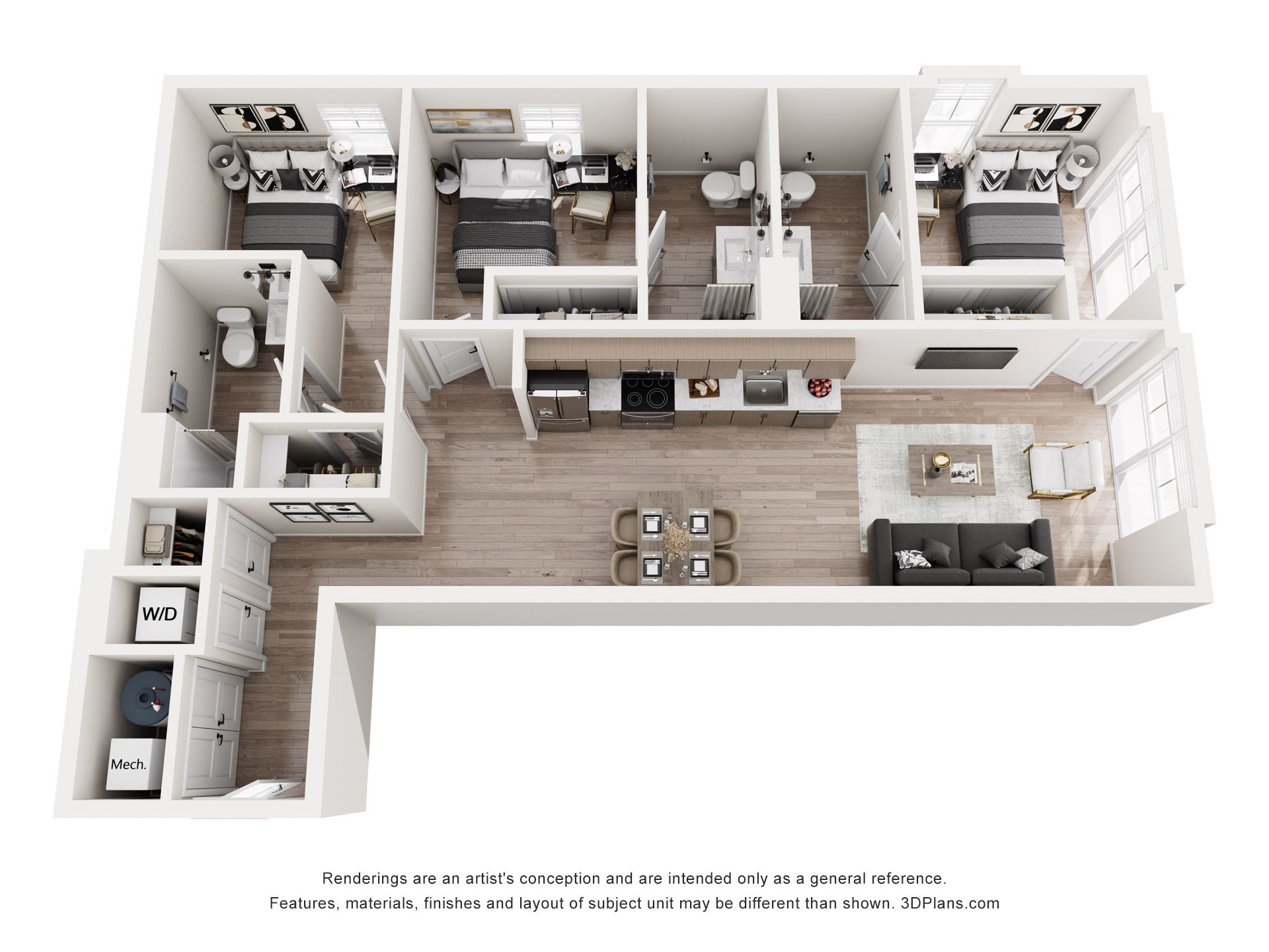 Floor plan of a four-bedroom apartment with a kitchen, dining area, and living room.