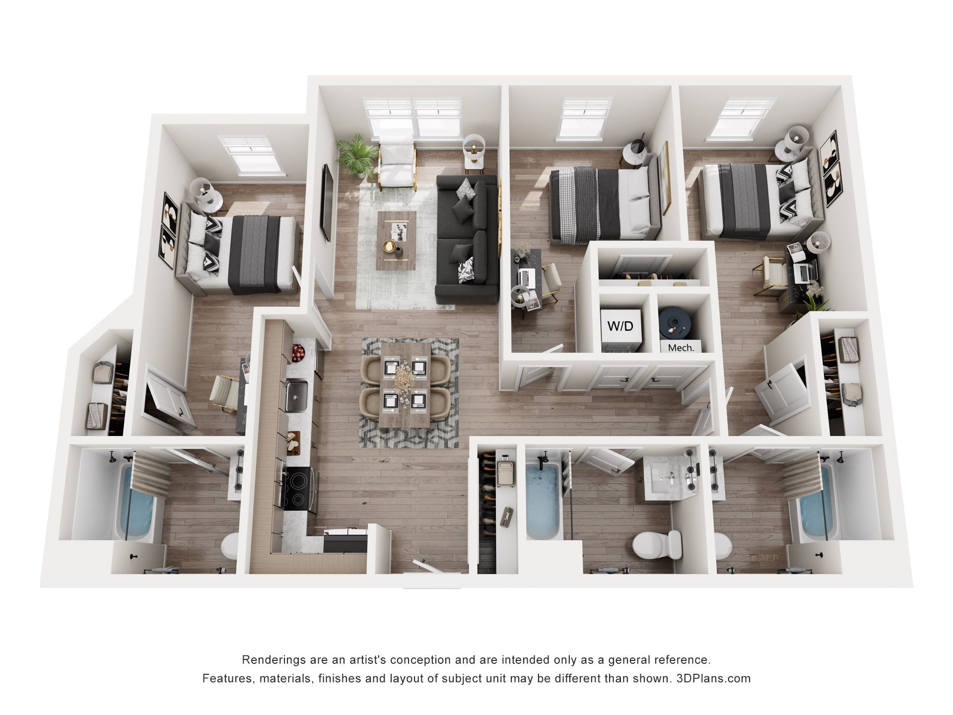 Floor plan of a three-bedroom apartment, furnished with living room and dining area, two bathrooms.