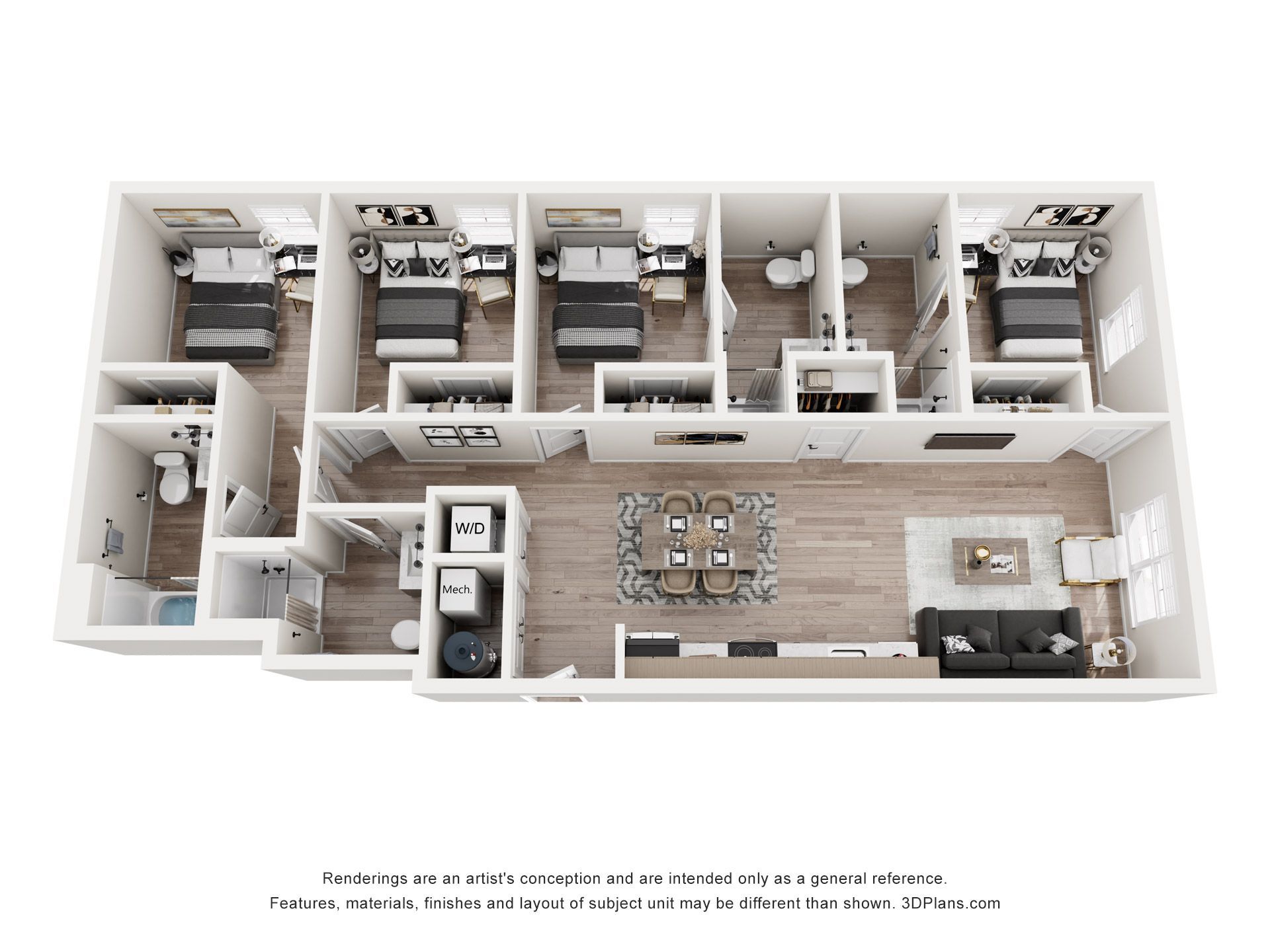 Floor plan of a four-bedroom apartment with a living area, dining space, and laundry.