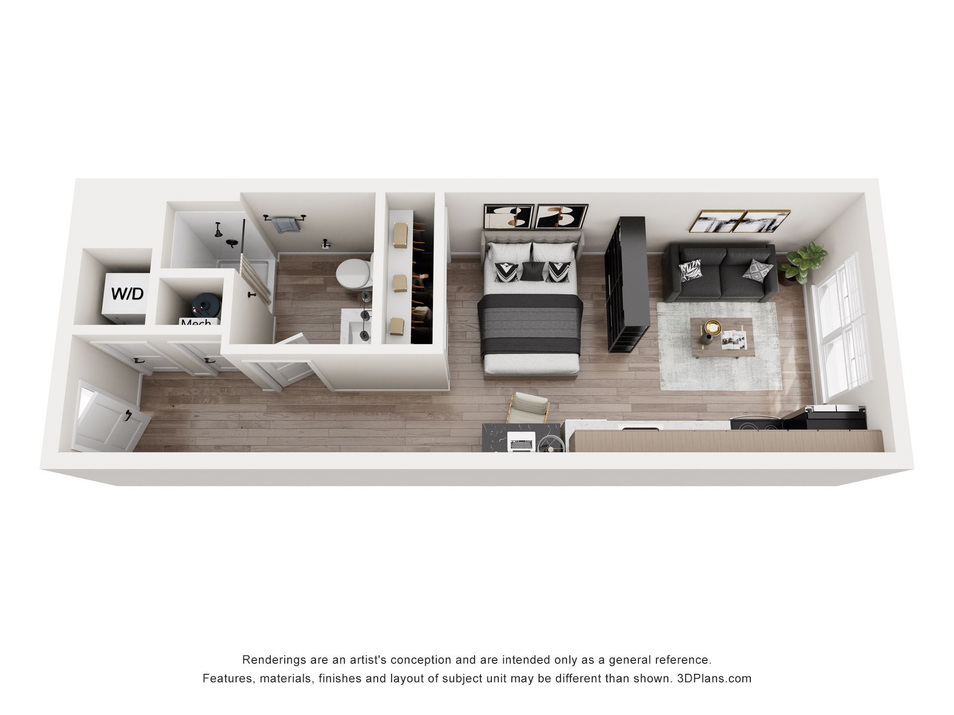 Top-down view of a studio apartment with furniture layout; bed, sofa, kitchen, bathroom, and laundry area.