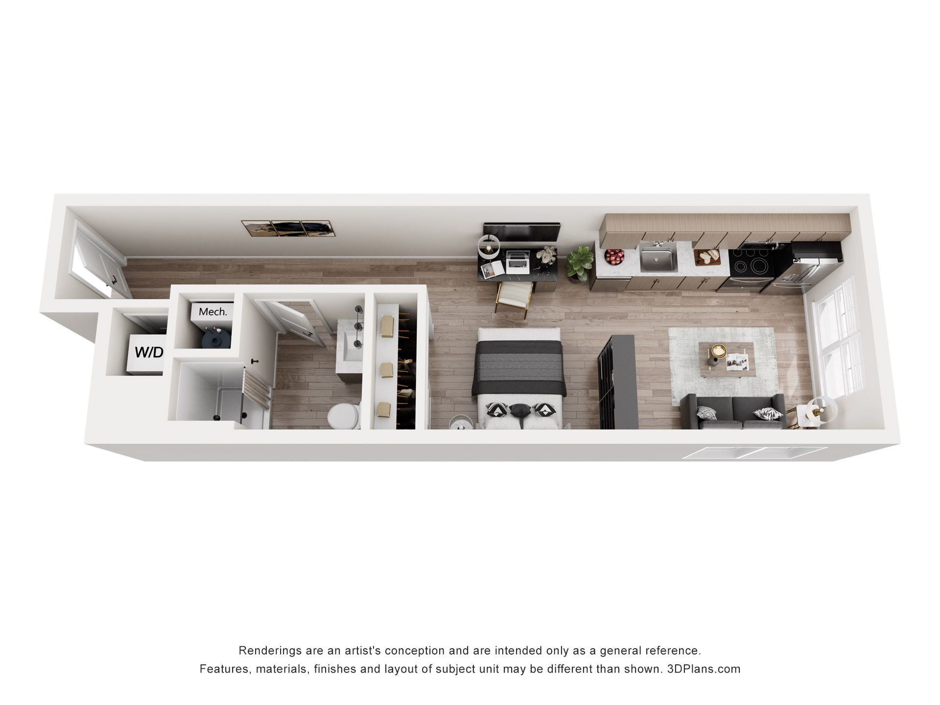 Floor plan: Studio apartment with kitchen, bathroom, living area, and a workspace.