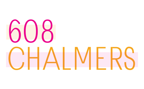 608 in pink over orange CHALMERS on a pink rectangular highlight.