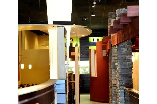 A picture of a restaurant with a brick wall