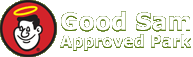 The logo for good sam approved park shows a man with an angel 's halo on his head.