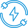 A blue icon of a lightning bolt and two plugs in a circle.