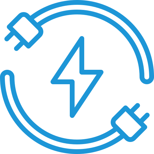 A blue icon of a lightning bolt and two plugs in a circle.