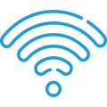 A blue icon of a wifi signal on a white background.