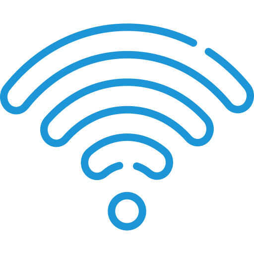 A blue icon of a wifi signal on a white background.