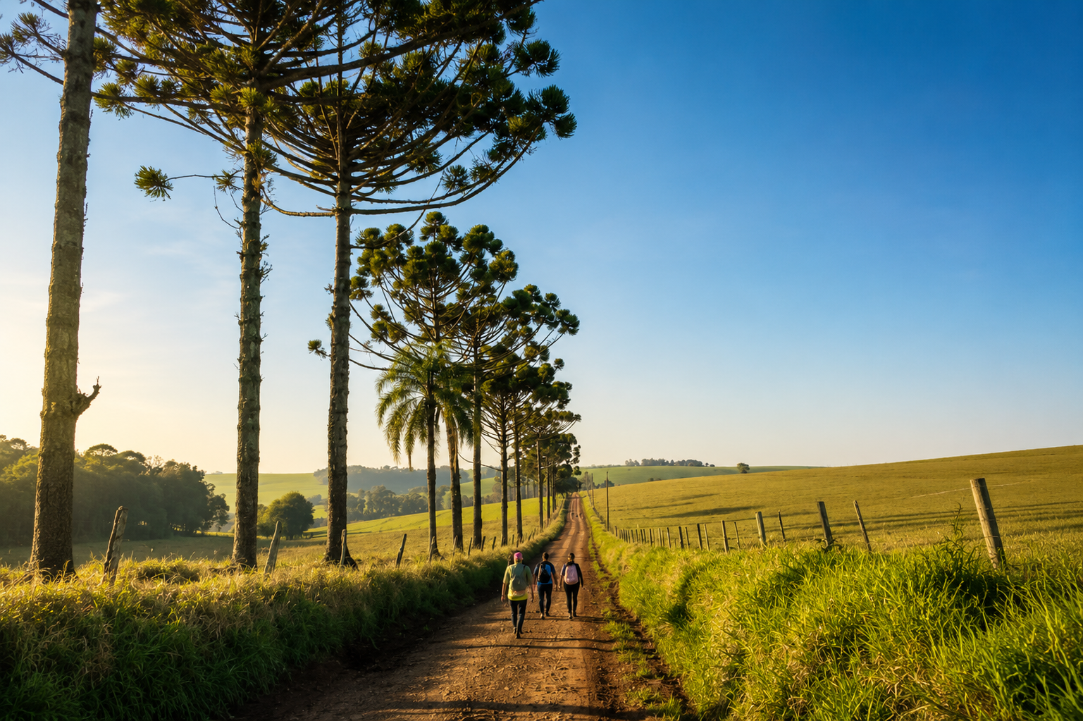 Pessoas caminhando por uma trilha de terra ensolarada entre árvores altas e campos verdes ao pôr do sol.