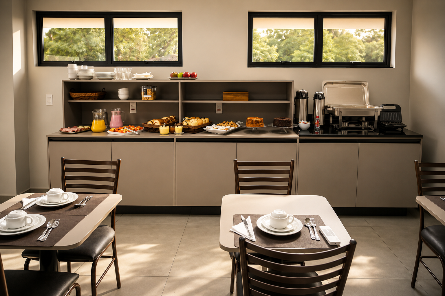 Sala de jantar com balcão de buffet, doces, cafeteira e mesas postas junto às janelas.
